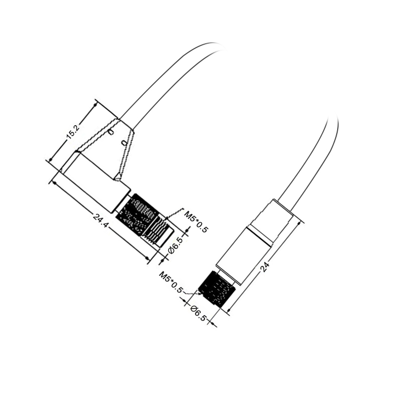 M5 3pins A code male right angle to female straight cable,unshielded,PVC,-40°C~+105°C,26AWG 0.14mm²,brass with nickel plated screw